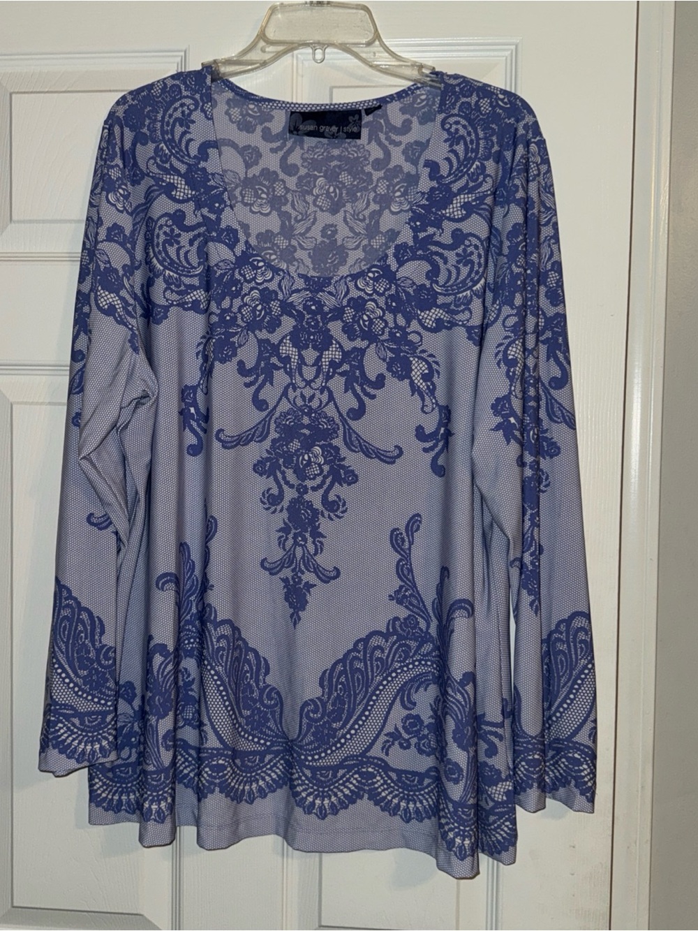 Susan Graver Lavender and Blue Lace-Print Long Sleeve Top